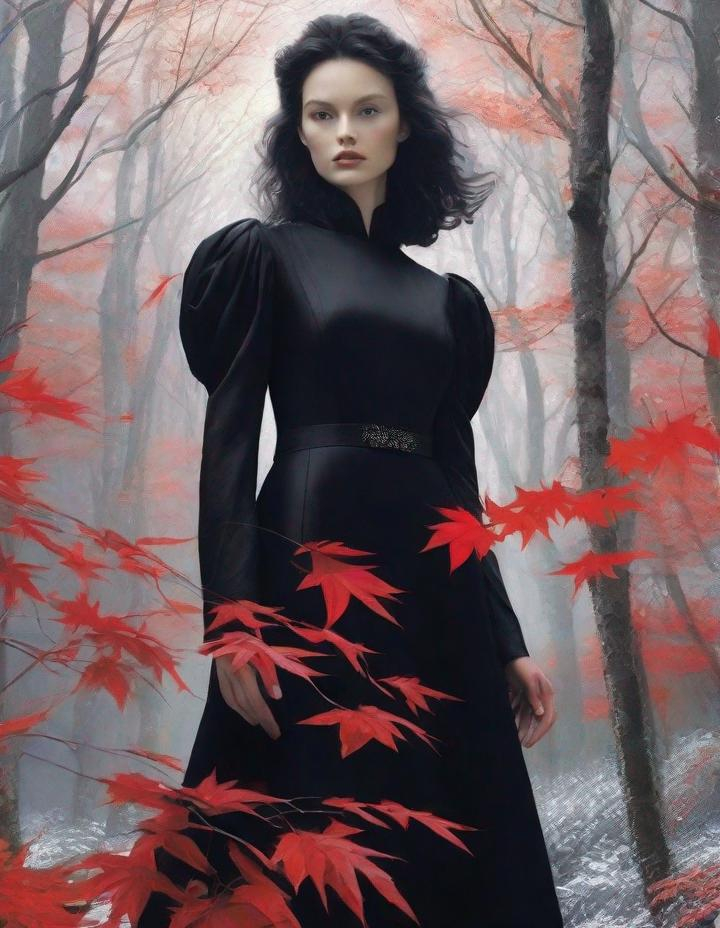 Prompt: 3/4 head shoot: A beautiful young lady, beautiful face, wearing opalescent black dress in a ghostly forest of white stem trees with red leaves, god rays through the tees, rim lighting art by Albert Watson,  Yves Saint-Laurent, Thomas Edwin Mostyn, Hiro isono, James Wilson Morrice, Axel Scheffler, Gerhard Richter, pol Ledent, Robert Ryman. Guache Impasto and volumetric lighting. 3/4 portrait, Mixed media, elegant, intricate, beautiful, award winning, fantastic view, 4K 3D, high definition, hdr, focused, iridescent watercolor and ink