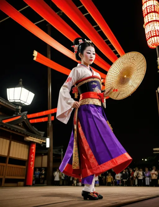 Prompt: Noh, vaudeville ,Izumo Aguo,geisha girl dancing on the stage, japanese street,japanese festival, night, fire works, 16K , extreme details,UHD 