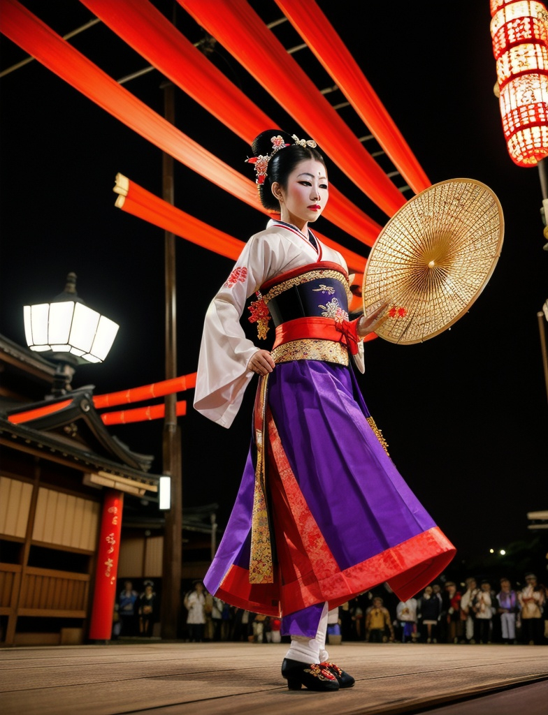 Prompt: Noh, vaudeville ,Izumo Aguo,geisha girl dancing on the stage, japanese street,japanese festival, night, fire works, 16K , extreme details,UHD 