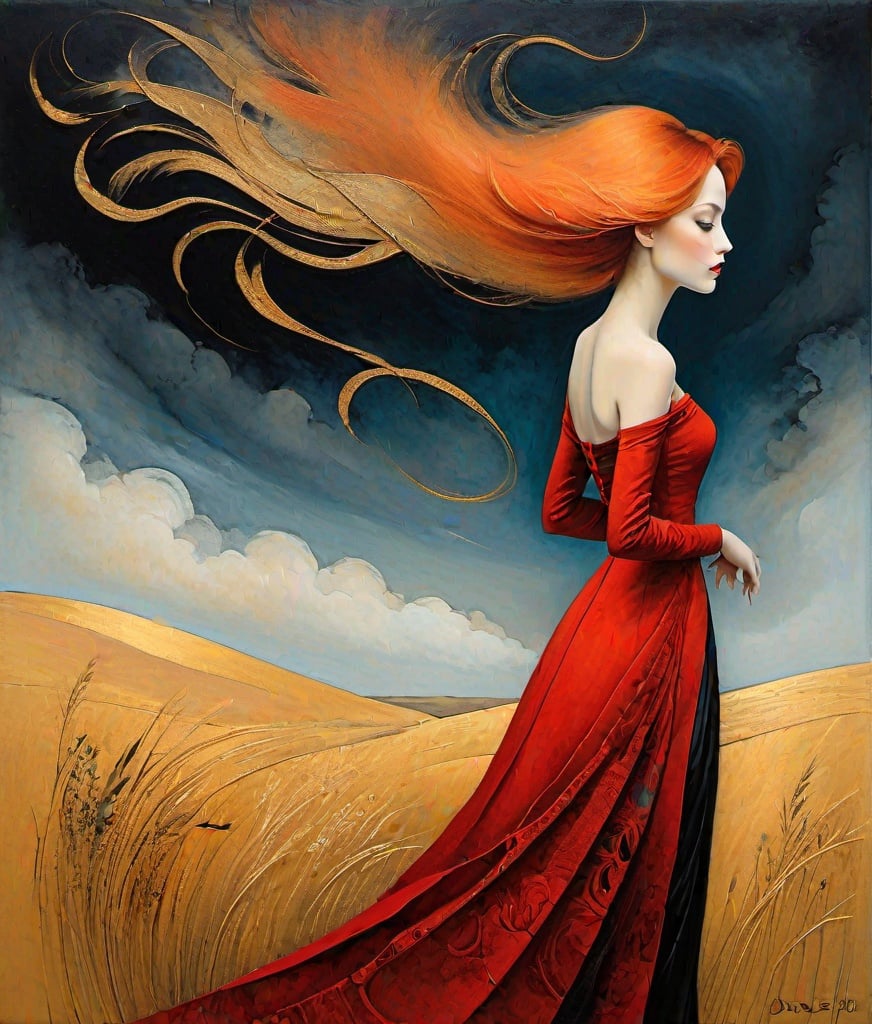 Prompt: Craquelure, tempera, oil textured art by Omar Galliani, Sam Toft, Kees van Dongen, James Jean, Gabriel Pacheco, style of Odilon Redon, Degas style: the beautiful lady with the long blowing floating in the wind peach ombre hair in the middle of nowhere, dressed in asymmetrical red/gold/black gown, she melts into whimsical landscape, Dawn, Detailed intricate bright decoupage, impasto.