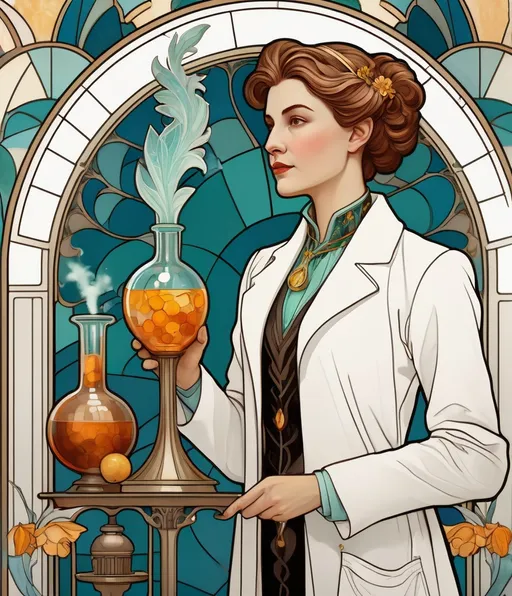 Prompt: "A portrait of a female scientist in the Art Nouveau style, reminiscent of the Statue of Liberty. She confidently holds a chemistry carafe aloft, dressed in a white lab coat fused with Art Nouveau fashion, adorned with floral patterns and intricate detailing. Her hairstyle is elaborate, typical of the period. The background is rich in Art Nouveau motifs, with organic forms, flowing lines, and stylized natural elements. The image resembles a tempera on canvas, capturing the textures and colors of the Art Nouveau era. The scientist is a beautiful woman with intricate, styled hair, embodying confidence and elegance." 