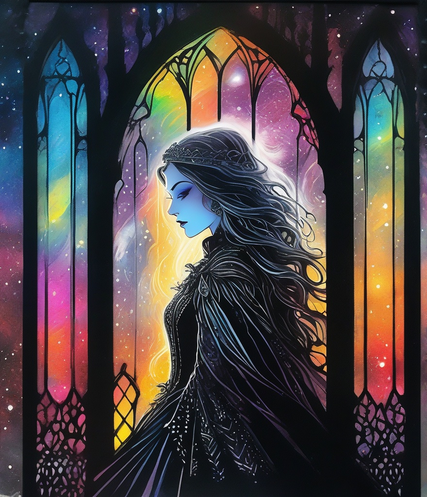 Prompt: a zentangle ferrotype portrait of In a gothic galaxy castle a vampire gazes through a window at the ethereal magic layers swirling in the vivid rainbow solar night in the style of luis royo 