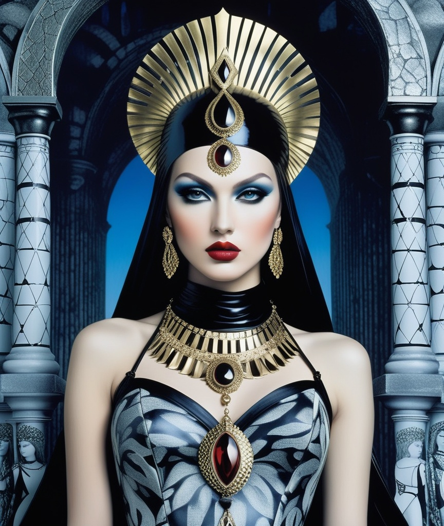 Prompt: intriguing medieval grunge fantasy queen of the damned in fornasetti style, by laurie simmons