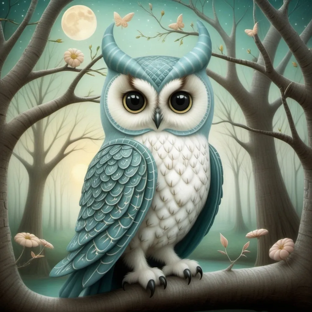 Prompt: anthropomorphic horned owl in a dreamlike setting. work of Nicoletta Ceccoli 