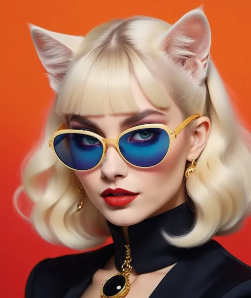 Prompt: blonde blond cat vampire woman in the movie with sunglasses, in the style of patrick woodroffe, bold colorism, highly staged scenes, rollerwave, wes anderson, lively facial expressions, bella kotak 