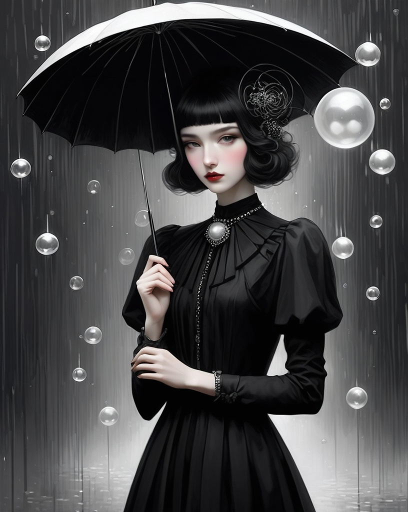 Prompt: illustration of girl holding an umbrella, in the style of surrealist-inspired works, dark white and black, jewelry by painters and sculptors, vienna secession, elegant, emotive faces, bubble goth, subtle playfulness 
