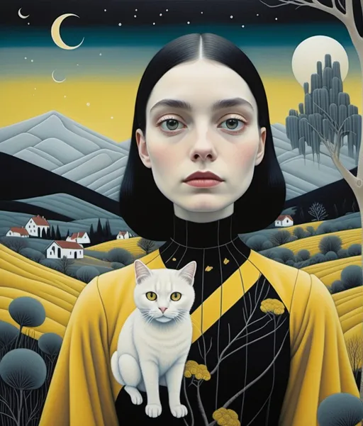 Prompt: Ghostly eccentric young lady, wearing a strange asymmetrical black dress with white random stitches, she is holding a creepy cute yellow cat, Vladimir Tretchikoff, Ruben Ireland, Paolo Uccello, a surreal dreamy landscape background by Sam Chivers, piercing odd colored eyes