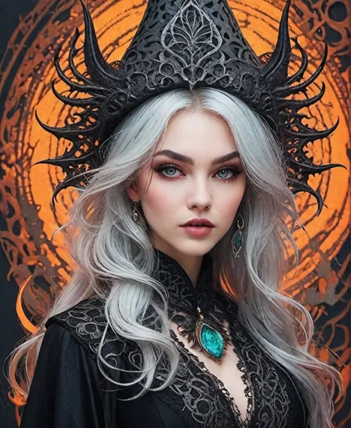 Prompt: a witch with a molten filigree roots moire pattern,evil,demonic, witchcore,refreshing spring aesthetic 