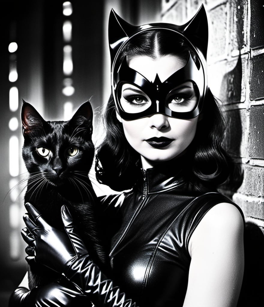 Prompt: Catwoman and holy black cat, photography , retrofuturistic film noir dark fairy grunge, wundervoll