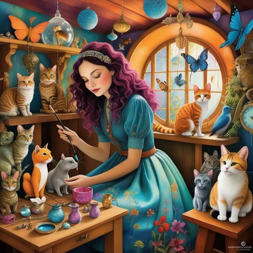Prompt: Use style by Dina Wakley, Victor Nizovtsev, Raqib Shaw, Catrin Welz-Stein: In a cozy corner of her attic studio, a very pretty girl finds solace surrounded by a whimsical menagerie of imaginary pet friends. With brushes in hand, she gives life to her pet creations, blending watercolors, patinas, acrylics paint to capture their vibrant personalities. A vibrant portrait with dreamy surreal quality, using whimsical colors. 