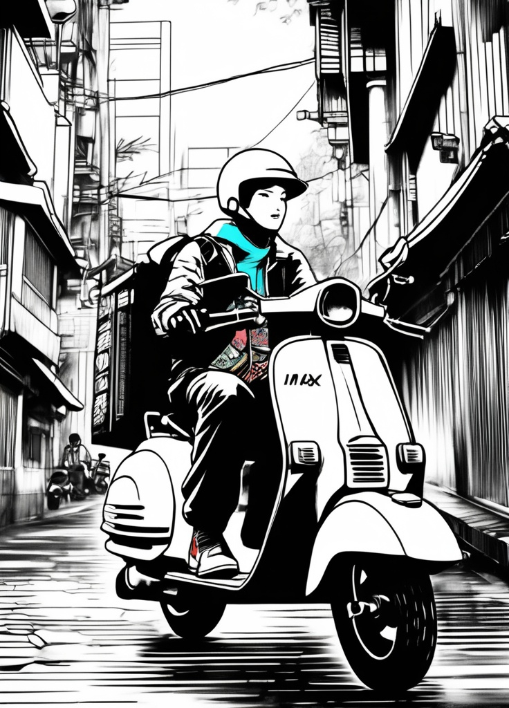 Prompt: a heavily inked manga panel of a courier riding a vespa in kyoto, detailed face, constructivist glitch art,  3d,  imax quality visuals, ilm, weta digital, 32k uhd 