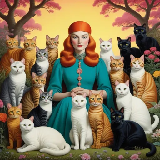 Prompt: She likes cats a lot, an unreasonable amount of cats, vivid psychedelic colors, Arthur Frank Mathews, Simen Johan, Alisa Burke, Anna Silivonchik, Bill Bell