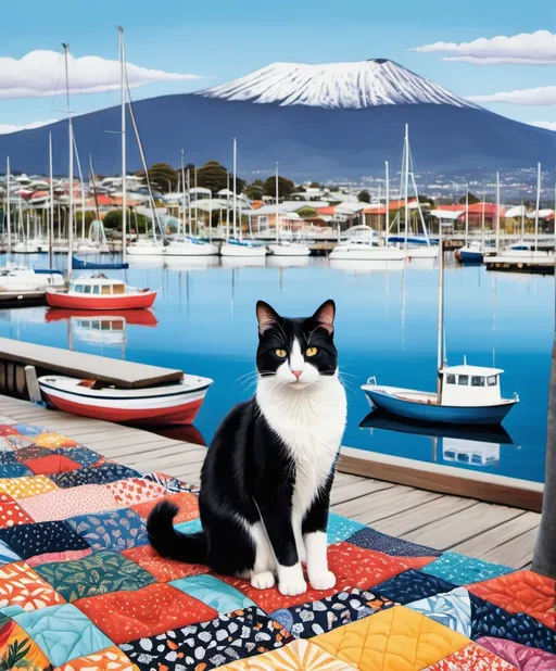 Prompt: fashion photography , Hobart harbour with cats, with view of Mount wellington, in the style of gait folk art-inspired illustrations, bold patterned quilts, bloomcore, mixes painting and ceramics, precise, detailed architecture paintings, cute and dreamy, illustration by Olga suvorova, maximalism , attention to details, shimmering beauty 