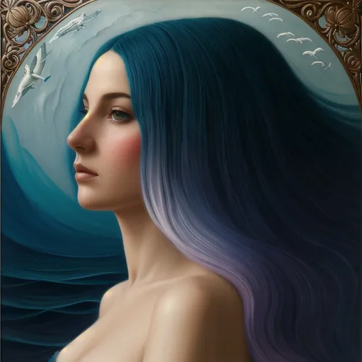 Prompt: In style of christian Schloe and daria Petrilli, profile portrait of a a beautiful young lady with a very long and wild  ombre gradient blue hair that flows like a sea and there are sailing boats and fishes in it. Double exposure, Naive art, extremely detailed, optical illusion, oil painting 