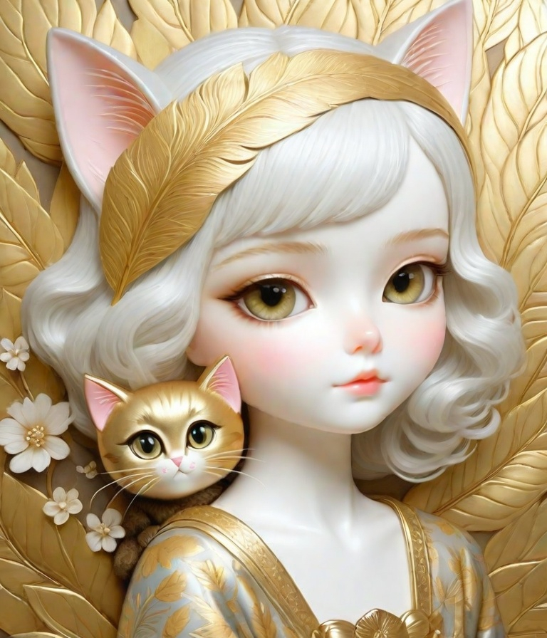 Prompt: gold leaf girl and cute cat in margaret keane style 