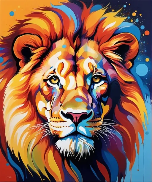 Prompt: A vibrant and colorful abstract painting of a lion's profile, with a rich palette of red, orange, yellow, blue, and hints of white, creating a psychedelic, space-like background with bubble patterns and fluid, swirling textures.