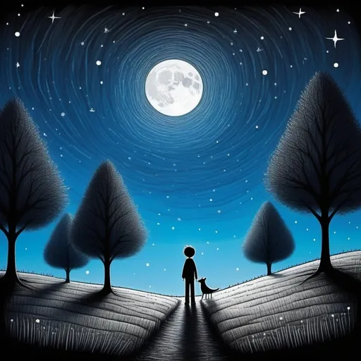 Prompt: Style By Don Hertzfeldt: a magical night, a Boy stick figure under the moonlight, a field of trees, visual stunning sensations, naive art, impasto, 