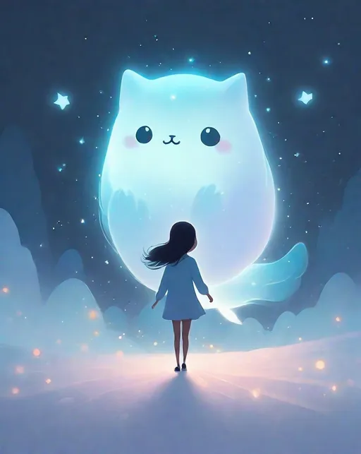Prompt: small ghost cat being carried by a girl, cute cartoon, minimalist, will-o'-the-wisp glow 