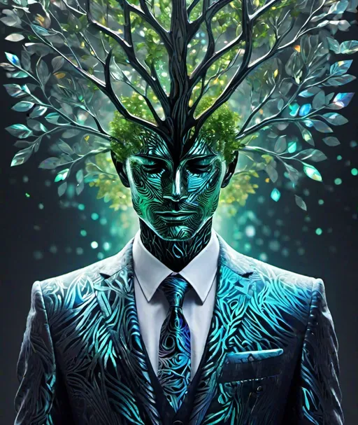 Prompt: a human body which looks like a tree, head like a treetop, wearing a sartorial suit out of holographic patterns, leaves shaped out of metal, lightfull scene, mystical, ritualistic