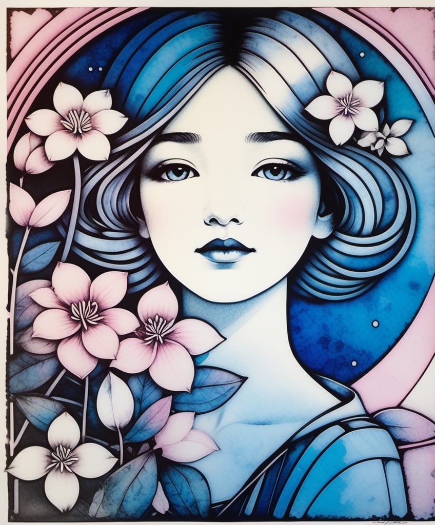 Prompt: Lithography print, fine lines, blue to rose gradient colors, a beautiful whimsical girl, gardenia flowers, Javier Mariscal and Charles Rennie Mackintosh style, encaustic texture.