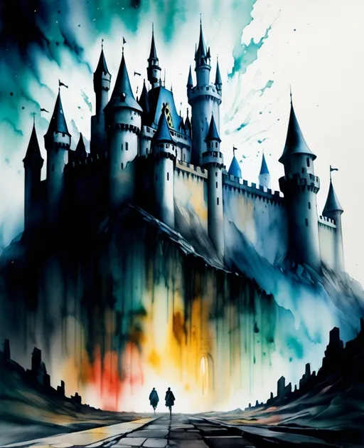 Prompt: Ghosts of the past moving through spatial dimensions, Time-Lapse Motion Blur, The Rise and Fall of a Kingdom, watercolor painting, Experimental Film Techniques, echoes of ghosts in a large empty castle