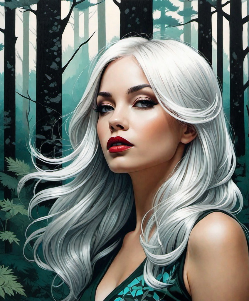 Prompt: The beautiful young lady with blowing platinum hair illustration art by Matt Fraction, Daria Endresen, Tristan Eaton. Funk art, Whimsical forest background, Extremely detailed, intricate, beautiful. 
