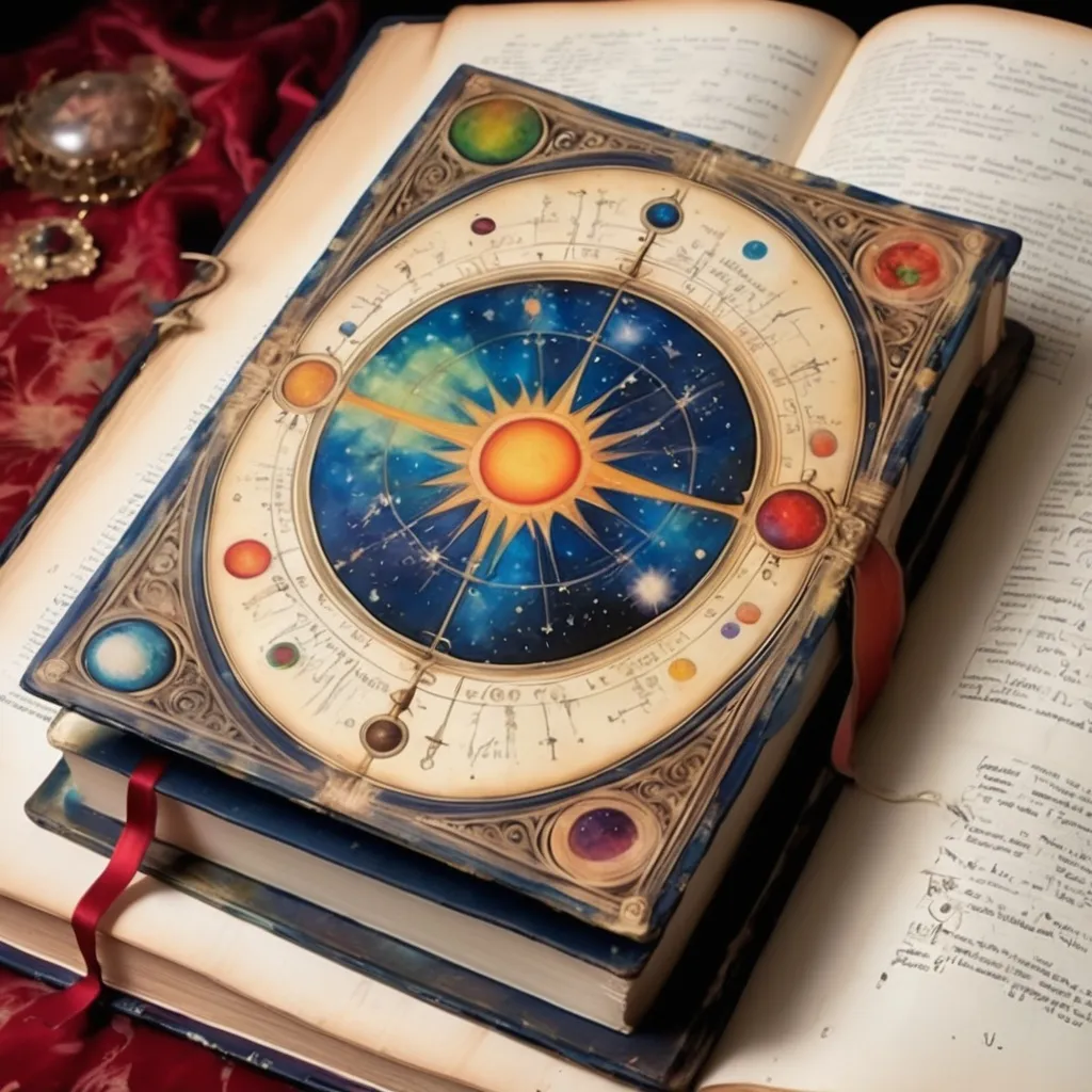 Prompt: The heliocentric book of everything. Magical realism, decoupage, encaustic Paint 