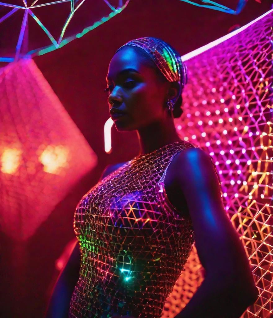 Prompt: in the party, a bipoc woman wearing a geodesic wired bioluminescent v dress , rave style, glow, professional color grading, soft shadows, no contrast, clean sharp focus, film photography 