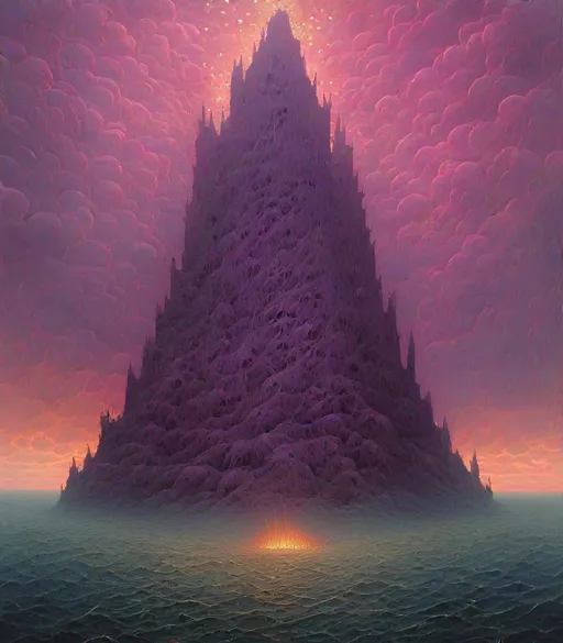 Prompt: crepuscular rays mauve misty clouds, medieval grunge viking funeral pyre, gigachad Beksinski painted Mausoleum, a raging ocean made of glittery code and interlocking quantum neurons, electrified water:: gond art 