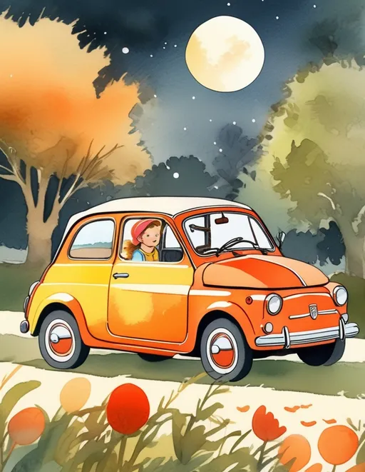 Prompt: Vintage illustrate beautiful pretty girl with metaphorical chicken, travelling through nature, in an old fiat 500, under a harvest moon, flat-colors, as 2d children's book, illustration, watercolor, 2d rendering