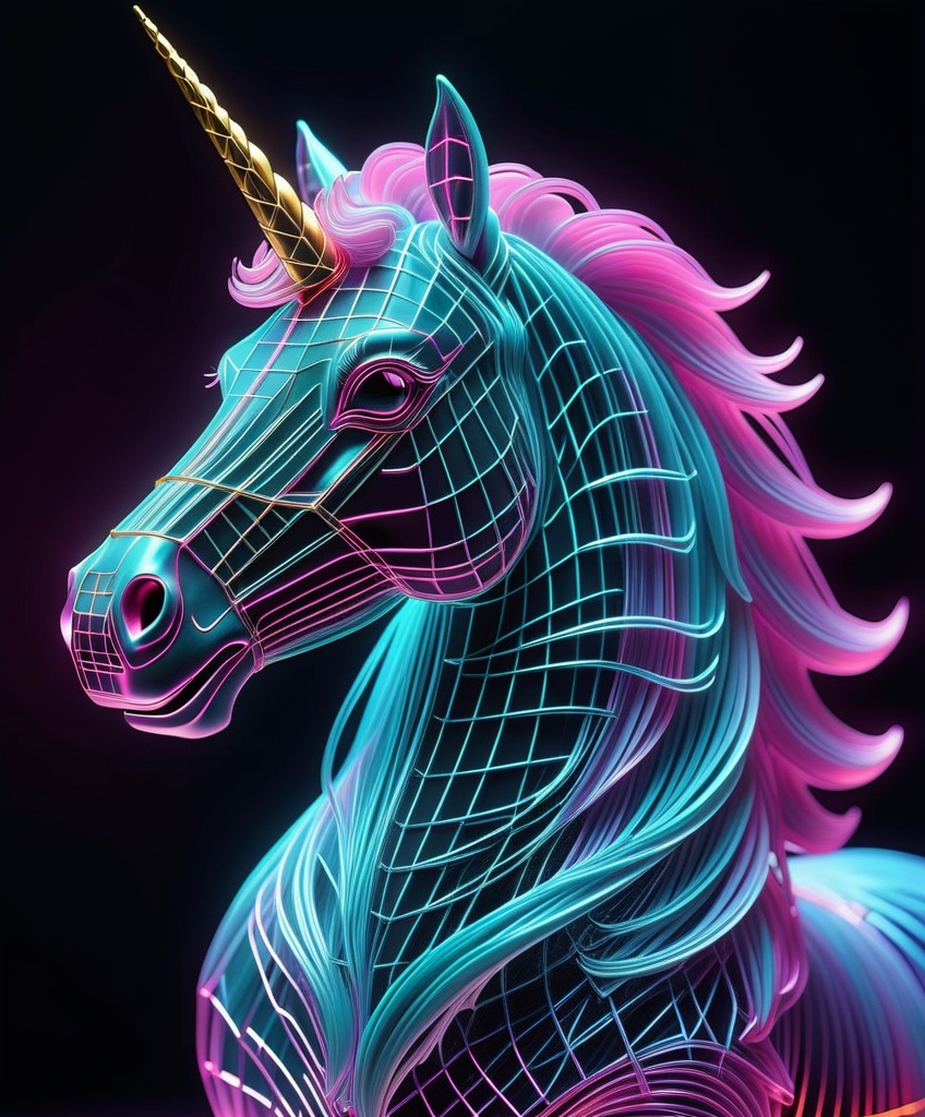 Prompt: vaporwave wireframe hologram of a unicorn 