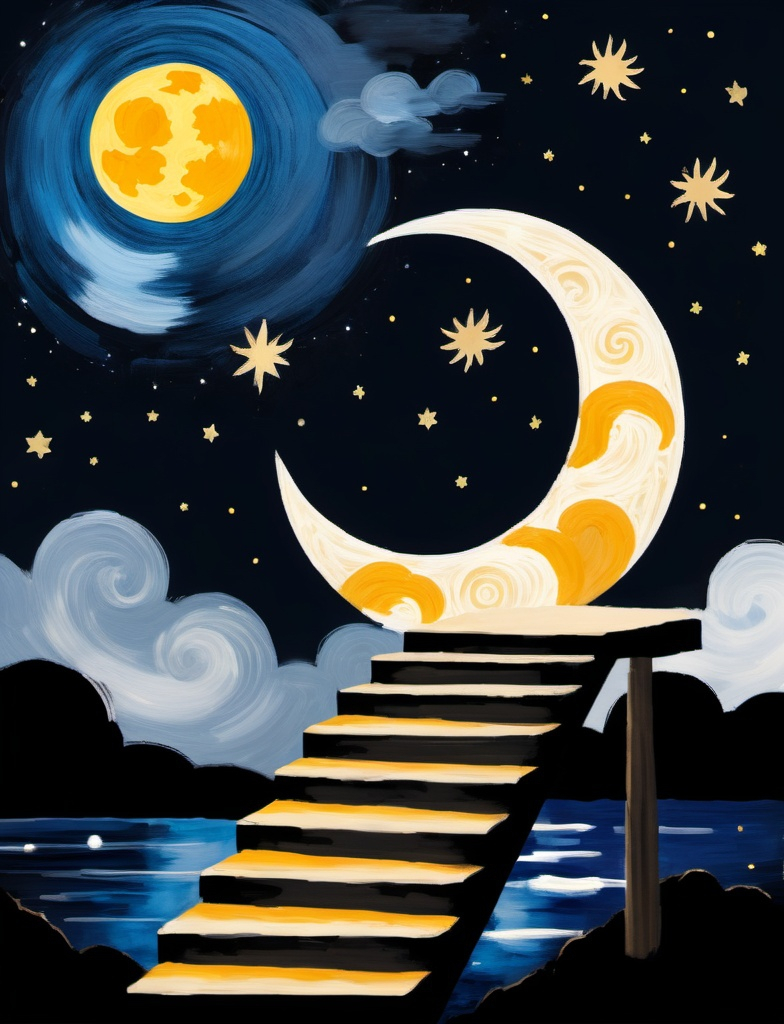 Prompt: sun moon and stairs in the night sky, in the style of a painting, brush strokes