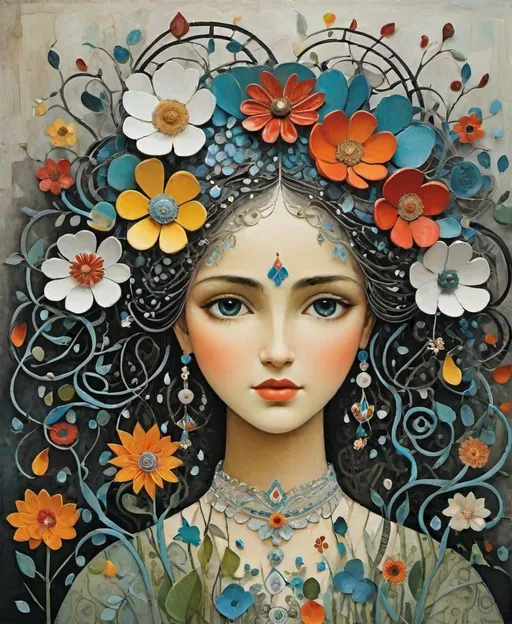 Prompt: Use style of Graciela Rodo Boulanger, Jessica Roux, Joan Snyder, Zemer Peled, Joana Vasconcelos, John Twachtman: The beautiful girl, caught betwixt fleeting dreams and waking fears, blossoming petals, yet to unfurl, amidst the symphony of life's bittersweet tears, in her eyes, the constellations collide, echoes of innocence, tinged with the ache of time, her heart a garden, both wild and tame, with each whispered breath, a symphony unfolds, in the growing pains that make her whole.