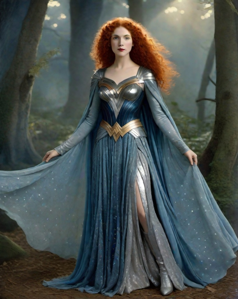 Prompt: Disney's Merida will-o'-the-wisp Faerietale Couture, sparklecore, jean maurice tibbet in a beautiful sparkly wonder woman costume, in the style of ethereal symbolism, light indigo and silver, colorized ferrotype, clamp, 1920s, nell dorr, asymmetric designs 