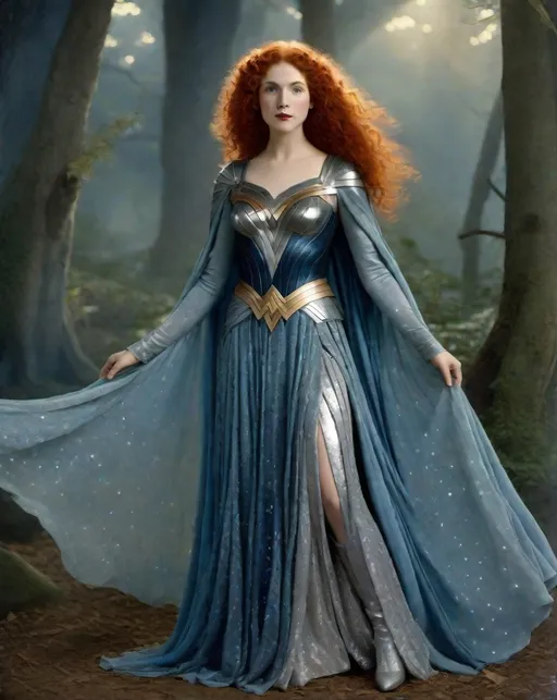 Prompt: Disney's Merida will-o'-the-wisp Faerietale Couture, sparklecore, jean maurice tibbet in a beautiful sparkly wonder woman costume, in the style of ethereal symbolism, light indigo and silver, colorized ferrotype, clamp, 1920s, nell dorr, asymmetric designs 