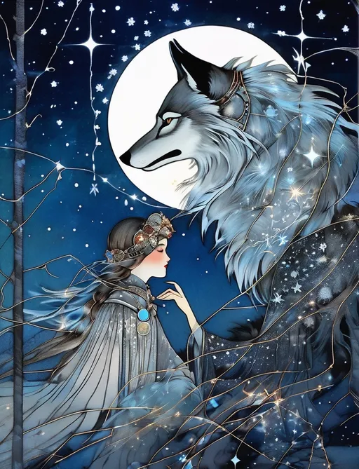 Prompt: the wolf of winter and the patchwork girl, a patchwork girl embracing the wolf, constellations, quiet and sad, Fantasy art by arthur rackham, by virginia frances sterrett, intricate detail, moonlight, color infrared photography, trending on artstation, stars, by gustav klimt, 16k, barbed wire constellations 