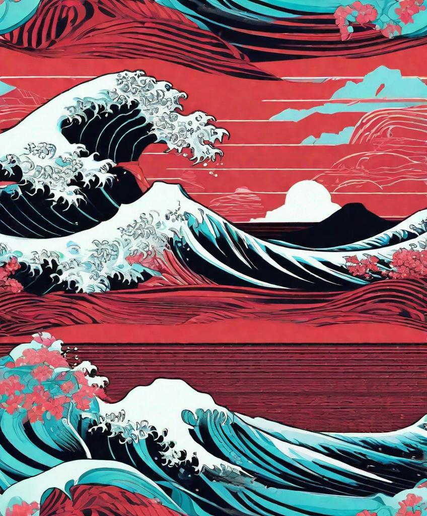 Prompt: the great wave off kanaga in a wave painting, in the style of art nouveau-inspired illustrations, photonegative refractograph, light red and dark cyan, fictional landscapes, psychedelic illustration, ocean academia, pop-culture-infused 