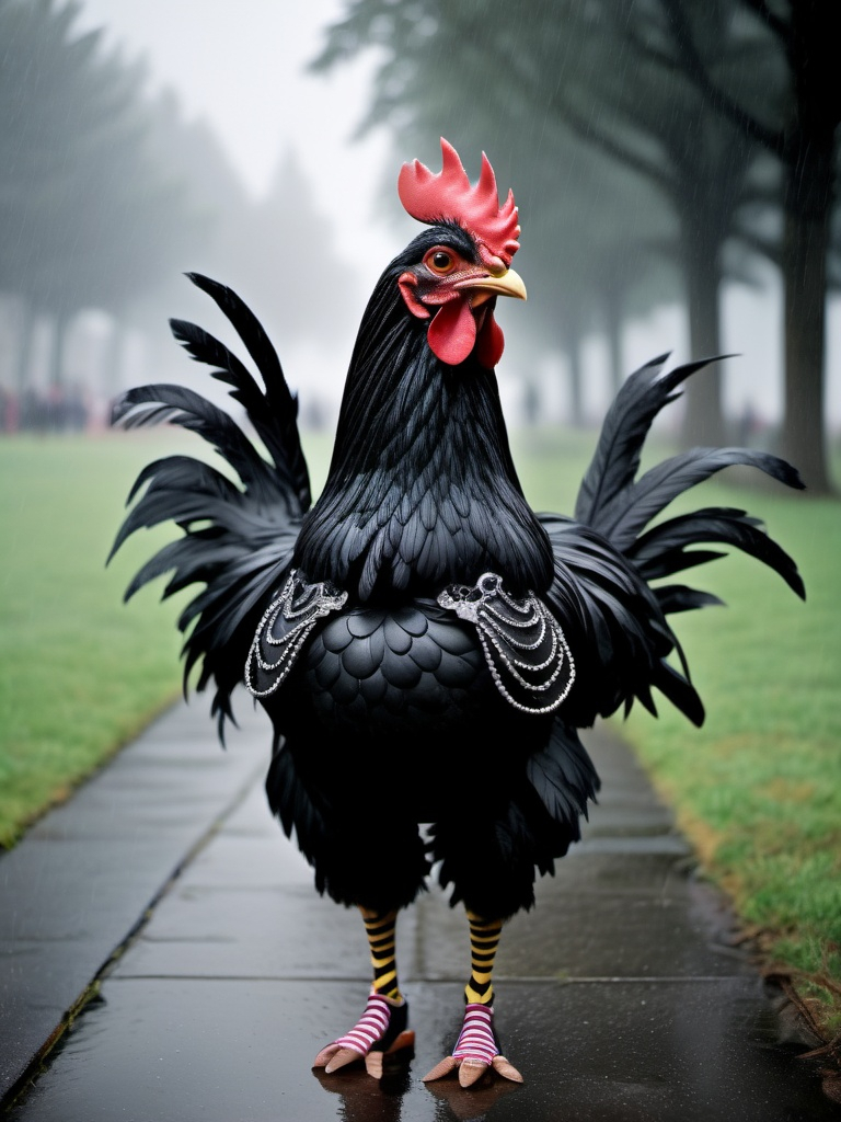 Prompt: goth metaphorical chicken haute couture on a gloomy rainy bumbershoot fashion set 