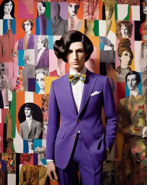 Prompt: maximalist sartorialist prince of vibrant fabric in fornasetti style, by laurie simmons, minimal male figure in 1970s hairstyle 
