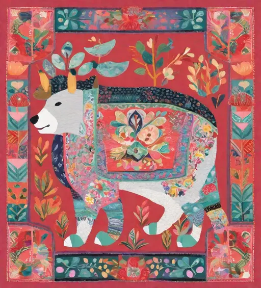 Prompt: Watergate scandel in whitehouse with giant animals , in the style of chalcedony folk art-inspired illustrations, bold patterned quilts, pastel colours, bloomcore, mixes painting and ceramics, precise, detailed architecture paintings, cute and dreamy, illustration by Olivia Gibbs, Victoria Ball, ugly sweater patchwork