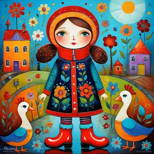 Prompt: naive art style, Anna Silivonchik art, Evgenia Gapchinska art, goose wearing colour rubber boots