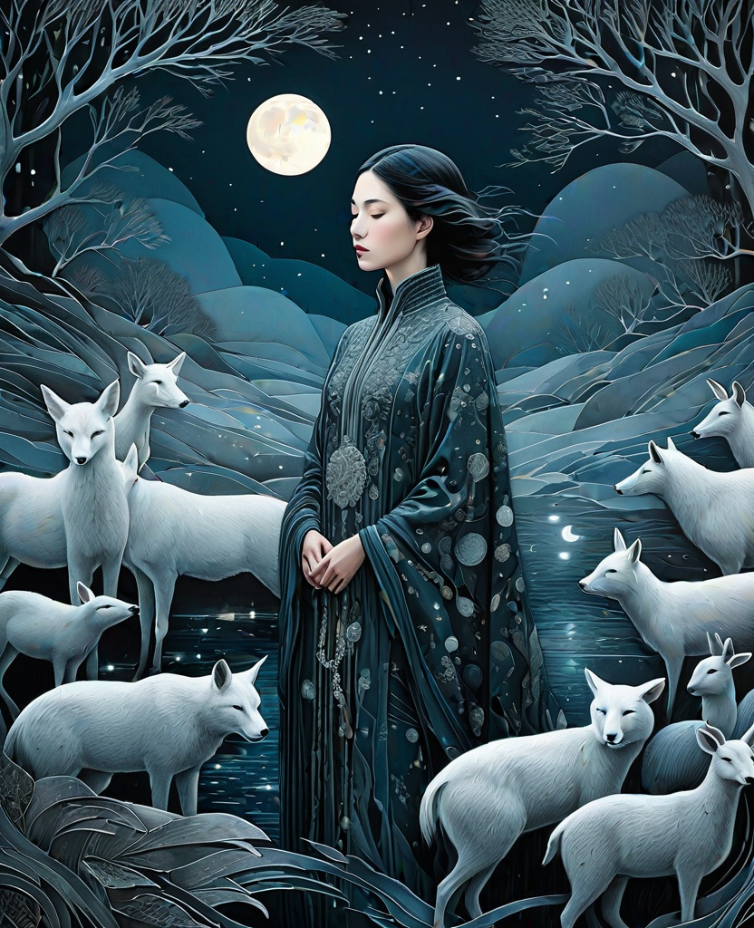 Prompt: She is a mysterious girl of the moonlight night surrounded by night animals style of Natalia Drepina, Genevieve Godbout, Robert Gillmor, Amy Giacomelli, Wu Guanzhong. Cold Chrome colors tone, Extremely detailed, intricate, beautiful, 3d, high definition