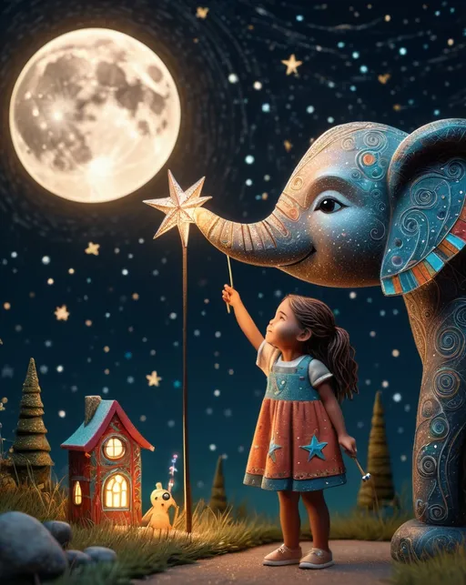 Prompt: The little native American super cute girl holding her star magic wand posing with her cute elephant friend. In style of james r eads and Sam Toft. Naive art, 3d, extremely detailed, intricate cinematic lighting, high definition 