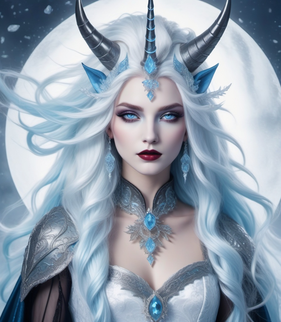 Prompt: medieval grunge vampire unicorn goddess, crystal spiral horn, white wind blown hair, ice blue eyes 