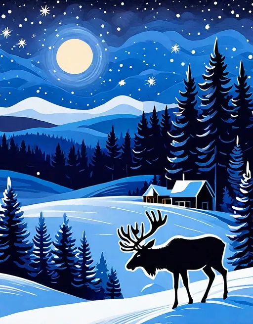 Prompt: christmas card winter scene in dark idigo blue ink, indigo night sky, snow-covered spruce trees, foreground reindeer, style of van gogh starry night