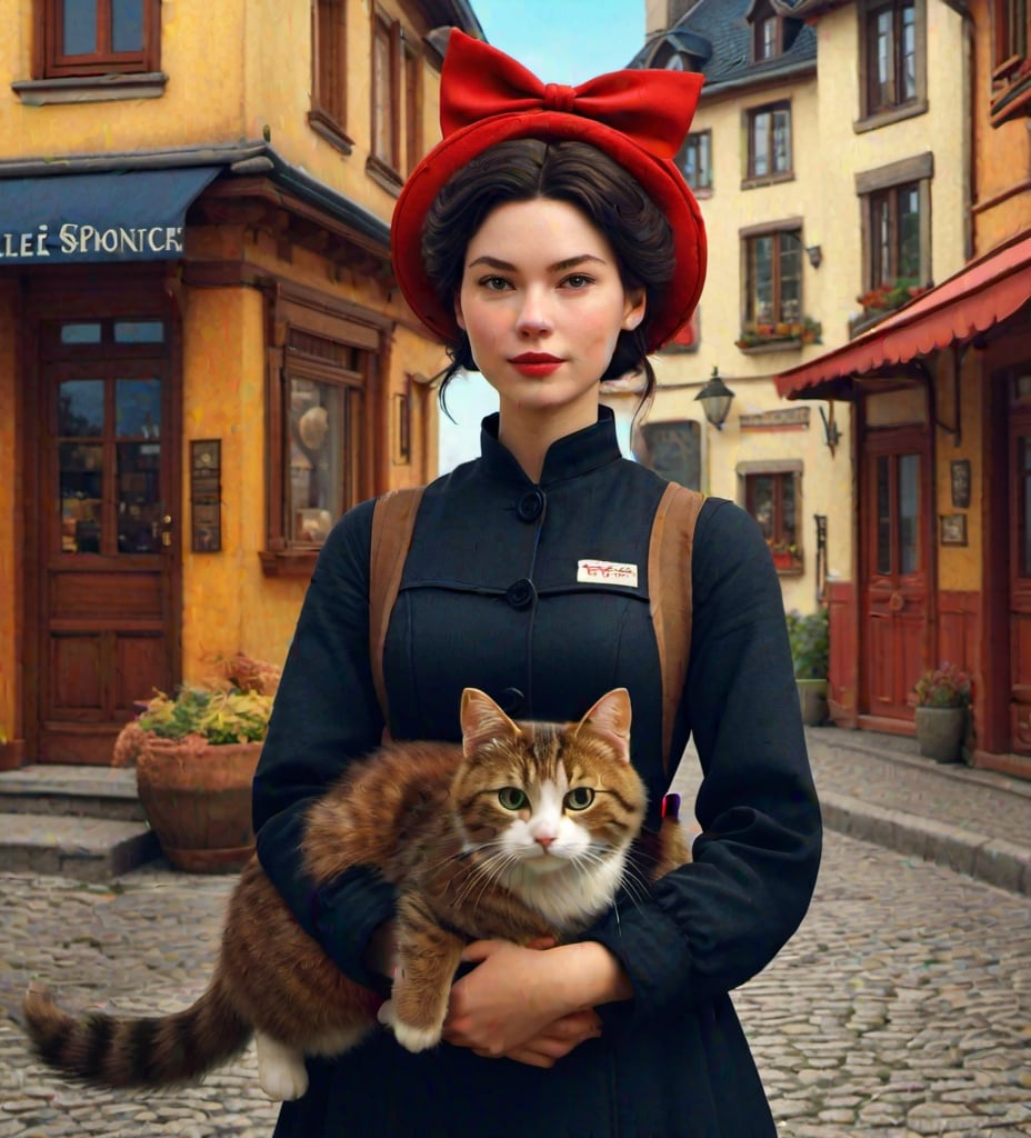 Prompt: Modern woman Kiki and her cat in front of Kiki's Delivery Service , STYLE: Le Belle Epoque portraiture, hyperreal, dynamic, volumetric light, cinema4d, depth and dimensionality, combining influences of Andrea Kowch, Egon Schiele, Montorgueil, Georges, Théophile Steinlen