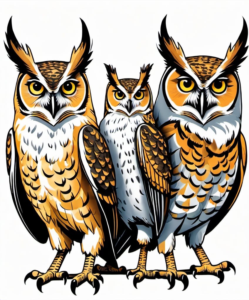 Prompt: funny illustration caricature form 3 horned owls,one ist to thin, one is too tall and one looks really weird and crazy 