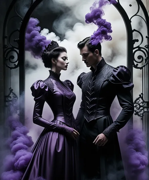 Prompt: smoky headed couple, black plums of fluid smoke simulation flow from the neck, the gate keepers fantasy, sinister, unnerving 