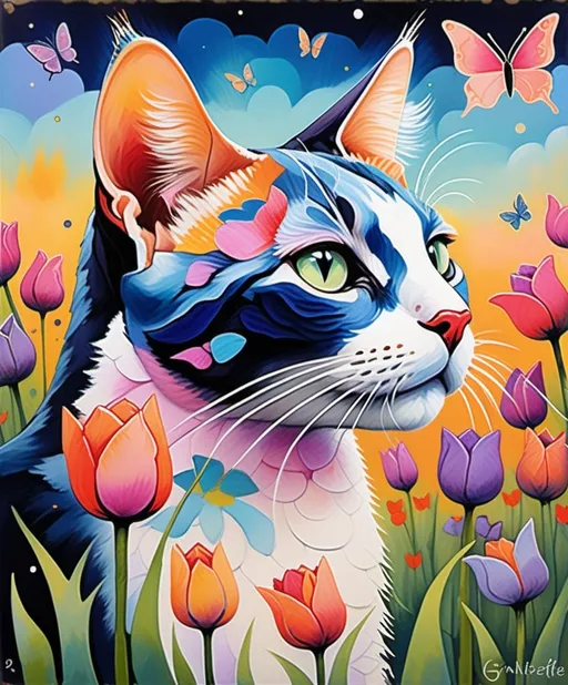 Prompt: Art by Ginette Callaway, Marc Johns, Javier Mariscal, Helen Dardik, Monica Blatton, Luminous encaustic texture, gradient bold crossed colors, profile of an expressive beautiful cat looking up with a butterfly perched in its nose, in a field of tea rose and periwinkle tulips, piercing odd colored eyes, twilight sky.