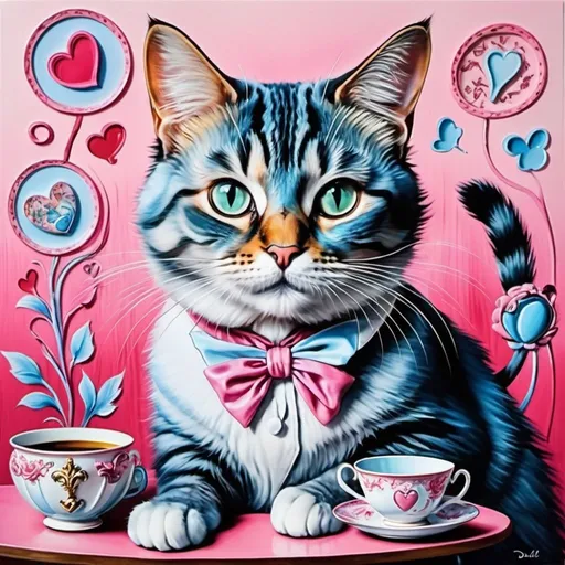 Prompt: Alice in wonderland cat theme painted by Dali Salvador in Oil, pink gradient sketch lines, decoupage, impasto 